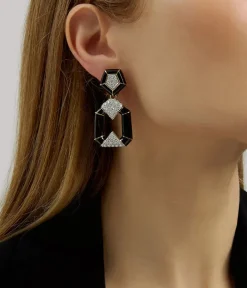 David Webb Earrings*Pentagon Bamboo Earrings, Black Enamel