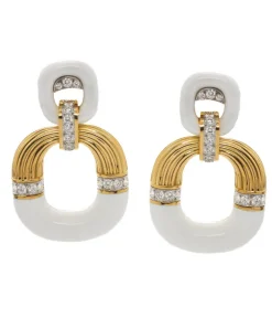 David Webb Earrings*Radiator Hoop Earrings, Diamonds and White Enamel