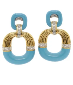 David Webb Earrings*Radiator Hoop Earrings, Diamonds and Light Blue Enamel