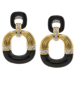 David Webb Earrings*Radiator Hoop Earrings, Diamonds and Black Enamel