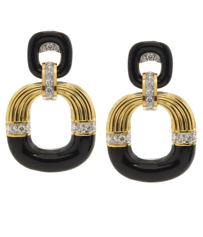 David Webb Earrings*Radiator Hoop Earrings, Diamonds and Black Enamel