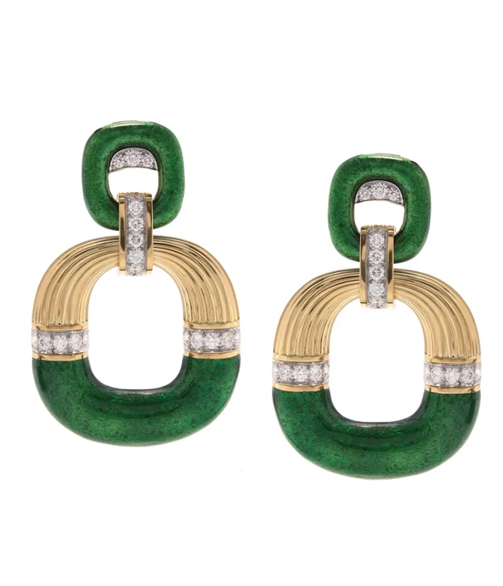 David Webb Earrings*Radiator Hoop Earrings, Diamonds and Green Enamel