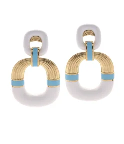 David Webb Earrings*Radiator Hoop Earrings, White Enamel, Light Blue Enamel
