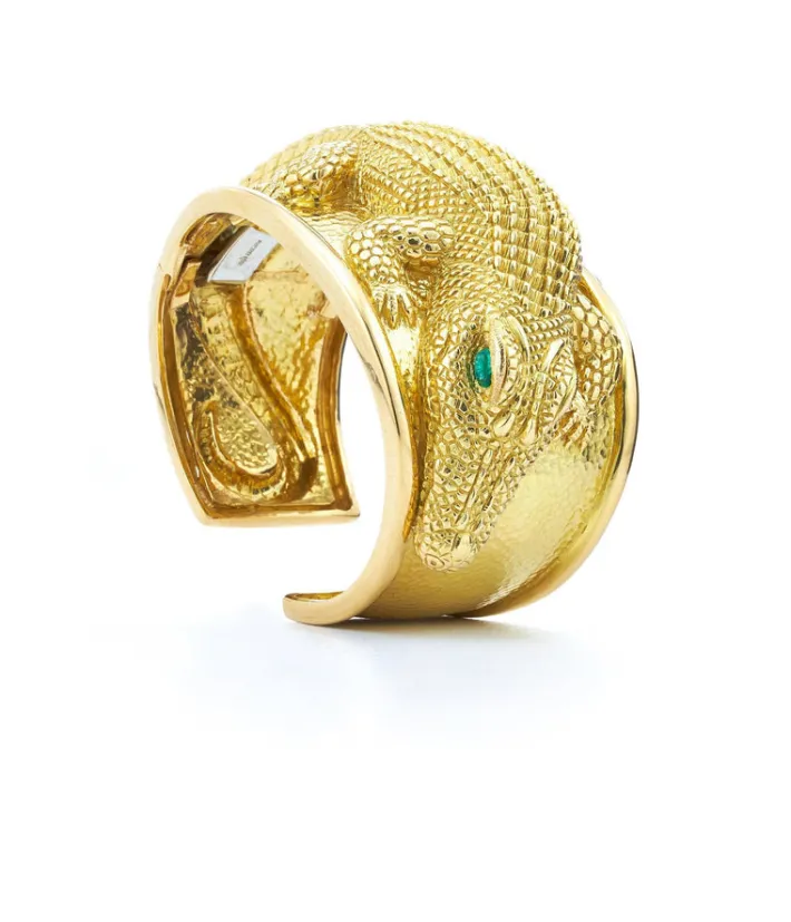 David Webb Bracelets*Repoussé Alligator Cuff, Emerald