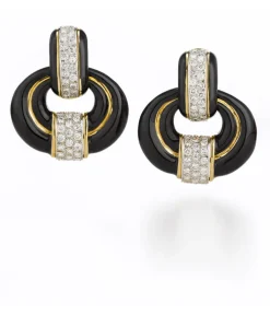 David Webb Earrings*Rock Center Doorknocker Earrings, Black Enamel