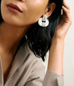 David Webb Earrings*Rock Center Doorknocker Earrings, White Enamel