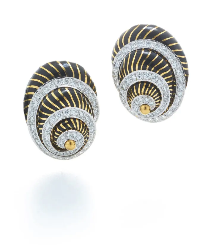David Webb Earrings*Shell Earrings, Black Enamel, Diamonds