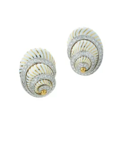 David Webb Earrings*Shell Earrings, White Enamel, Diamonds