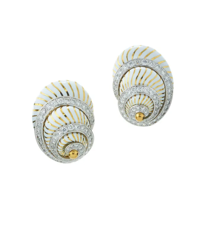 David Webb Earrings*Shell Earrings, White Enamel, Diamonds