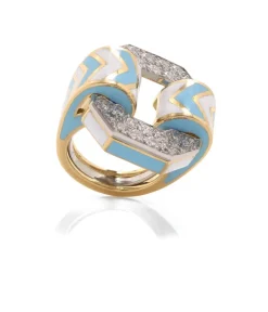 David Webb Rings*Small Chevron Ring, Light Blue and White Enamel