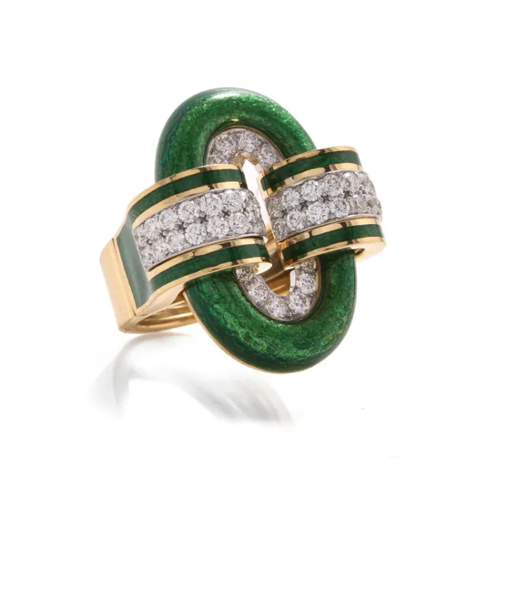David Webb Rings*Small Oval Buckle Ring, Green Enamel