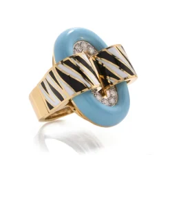 David Webb Rings*Small Oval Buckle Ring with Zebra Stripe, Light Blue