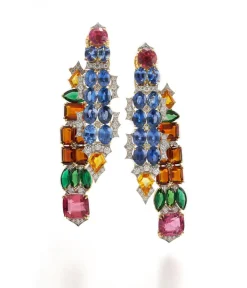 David Webb Earrings*Streamer Earrings, Rubellite, Sapphire, Tourmaline, Citrine