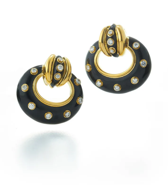 David Webb Earrings*Stud Doorknocker Earrings, Black Enamel