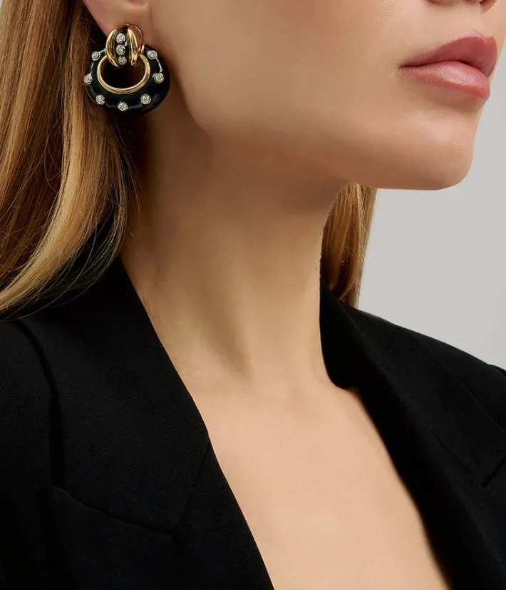 David Webb Earrings*Stud Doorknocker Earrings, Black Enamel