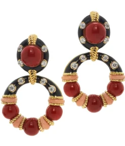 David Webb Earrings*Stud Hoop Earrings, Coral Beads with Black Enamel