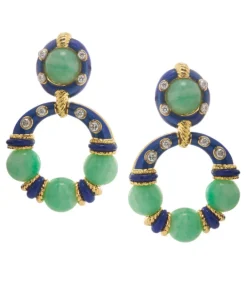 David Webb Earrings*Stud Hoop Earrings, Jade Beads with Blue Enamel