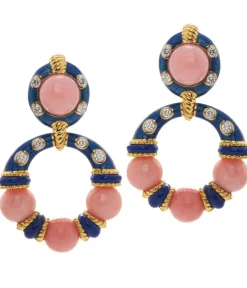 David Webb Earrings*Stud Hoop Earrings, Pink Opal Beads with Blue Enamel