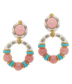David Webb Earrings*Stud Hoop Earrings, Pink Opal Beads with White Enamel