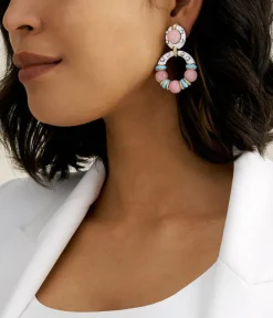 David Webb Earrings*Stud Hoop Earrings, Pink Opal Beads with White Enamel