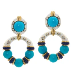 David Webb Earrings*Stud Hoop Earrings, Turquoise Beads with White Enamel