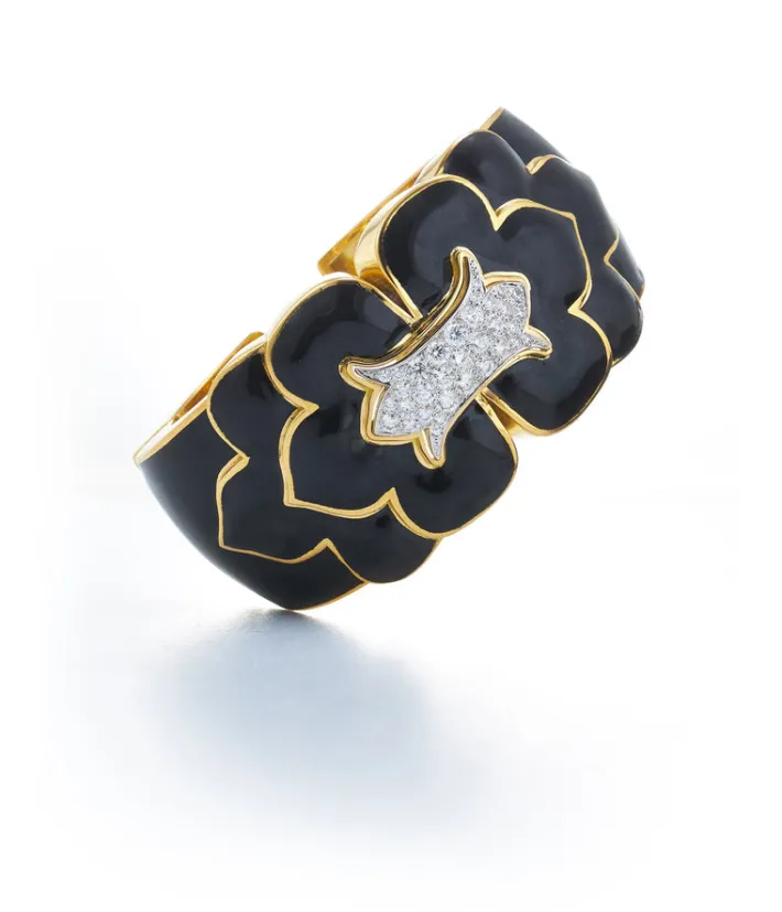 David Webb Bracelets*Trefoil Cuff, Black Enamel