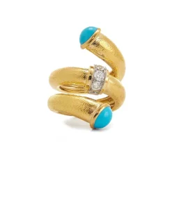 David Webb Rings*Turquoise Pipe Ring, Hammered 18K Gold