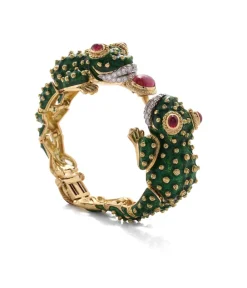 David Webb Bracelets*Twin Frog Bracelet, Green Enamel, Ruby