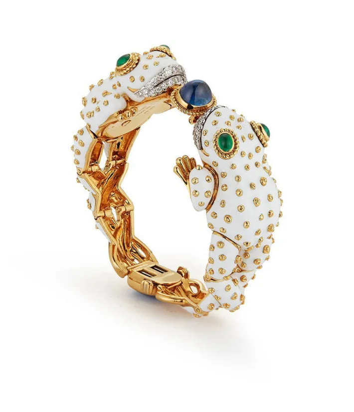 David Webb Bracelets*Twin Frog Bracelet, White Enamel, Sapphire