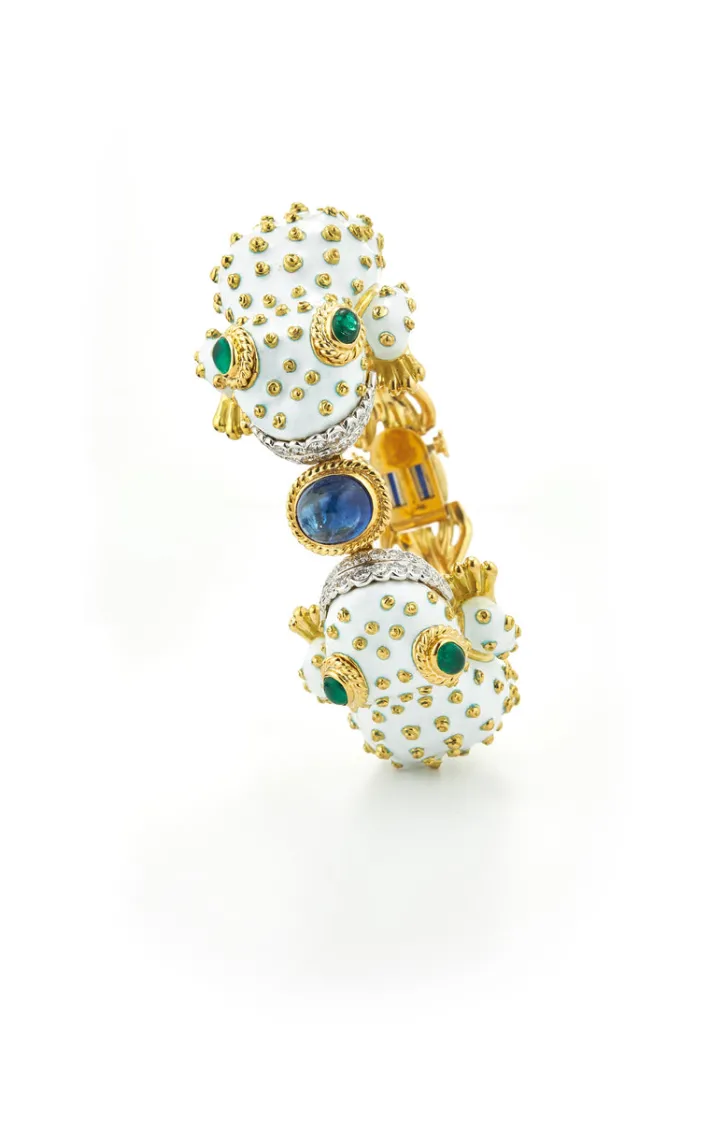 David Webb Bracelets*Twin Frog Bracelet, White Enamel, Sapphire