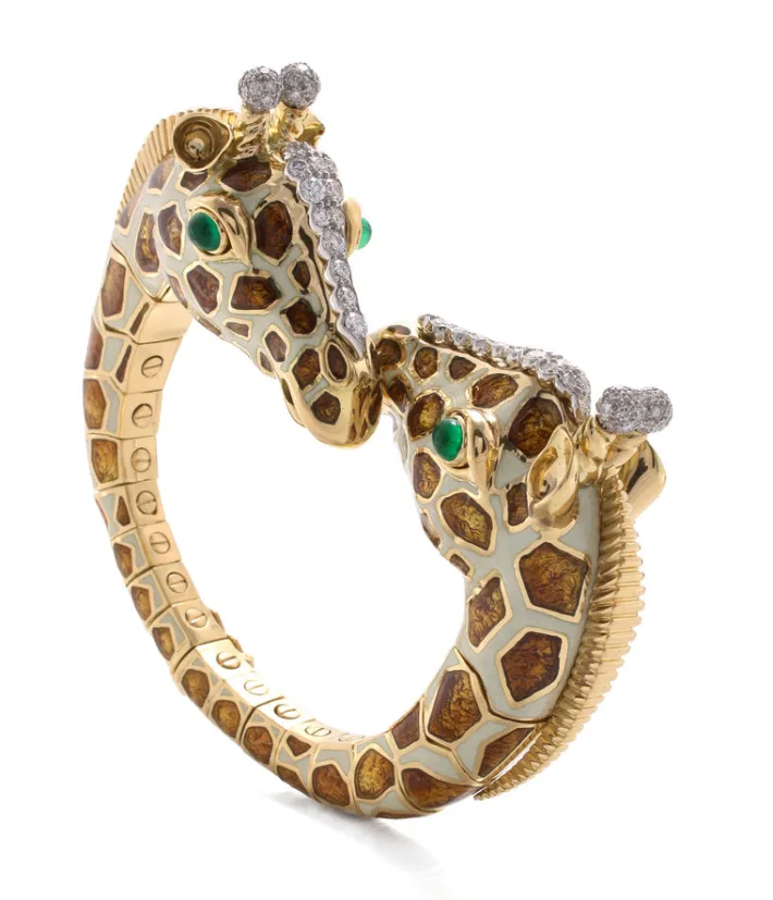 David Webb Bracelets*Twin Giraffe Bracelet, Brown Enamel, Emerald