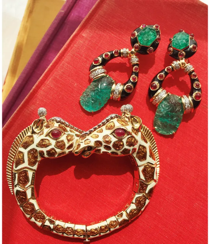 David Webb Bracelets*Twin Giraffe Bracelet, Brown Enamel, Ruby