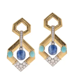 David Webb Earrings*V Inset Hexagonal Doorknocker Earrings, Sapphire, Turquoise