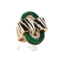 David Webb Rings*Zebra Stripe Oval Buckle Ring, Green Enamel