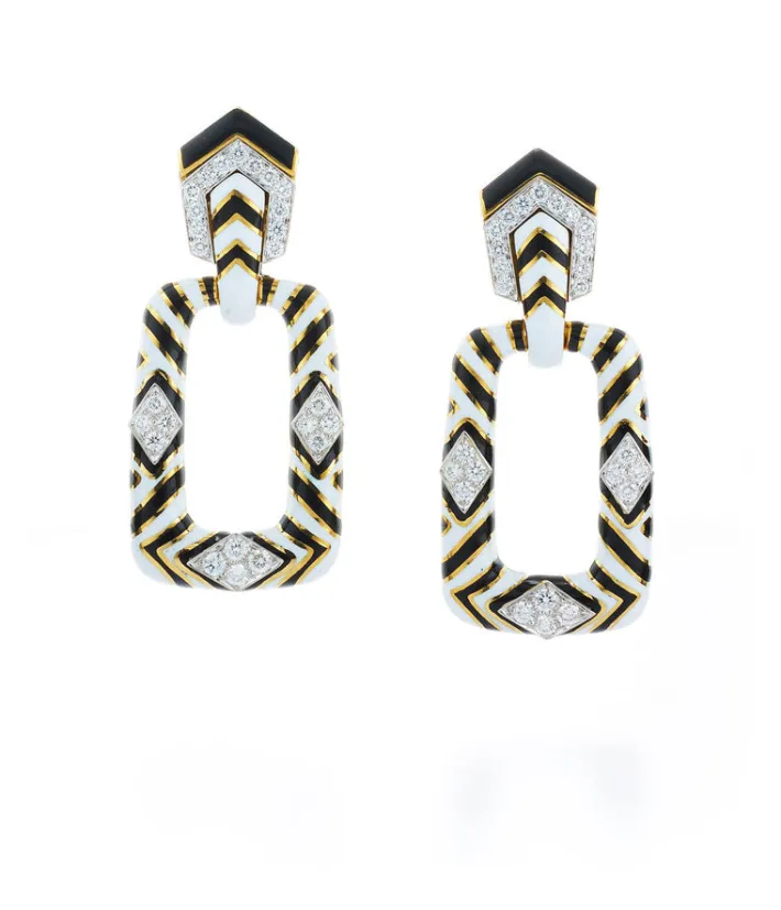 David Webb Earrings*Zebra Stripe Rectangular Mini-Hoop Earrings